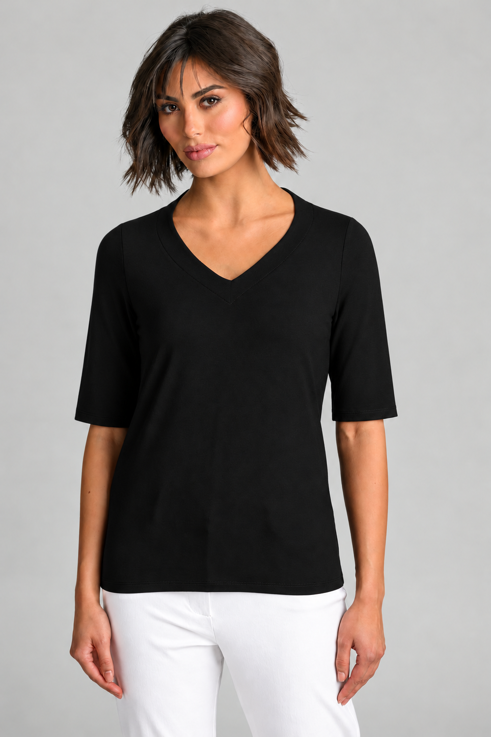 PAULA RYAN Easy Fit Half Sleeve V Neck Top - Black EcoVero