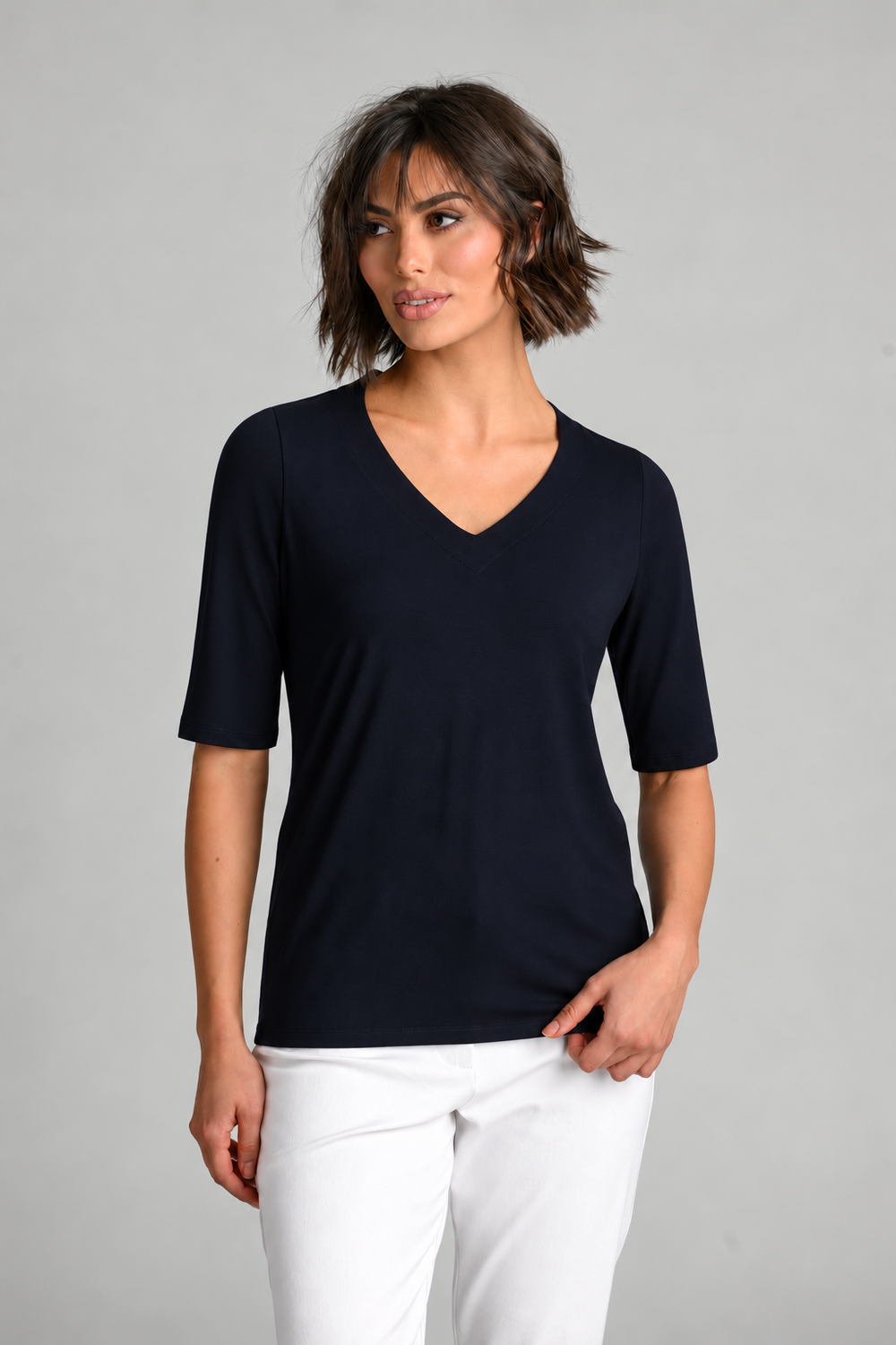 PAULA RYAN Easy Fit Half Sleeve V Neck Top - Navy EcoVero