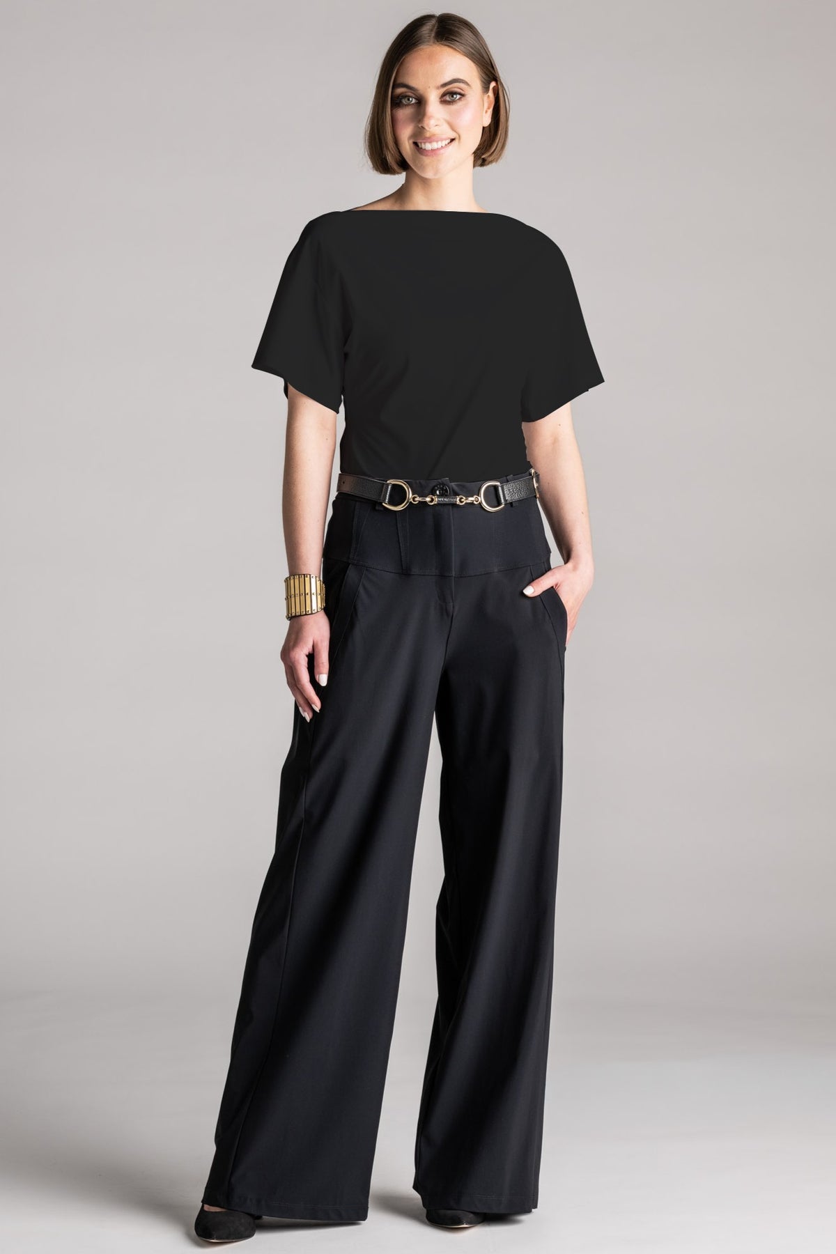 PAULA RYAN Waisted Boat Neck Top Microjersey - Black