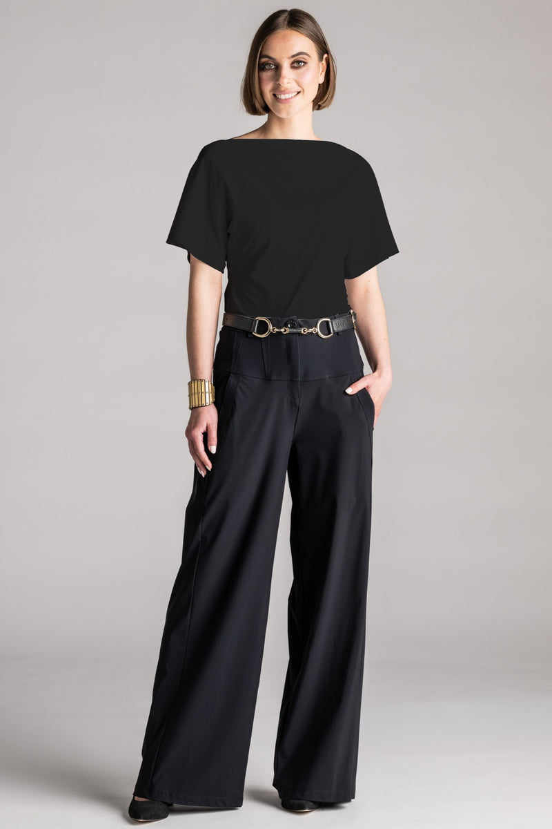 PAULA RYAN Waisted Boat Neck Top Microjersey - Black