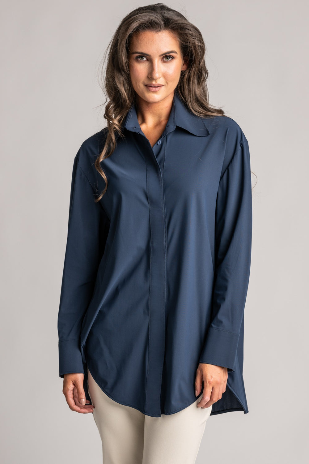 PAULA RYAN High Collar Boyfriend Shirt - Microjersey Shadow Blue