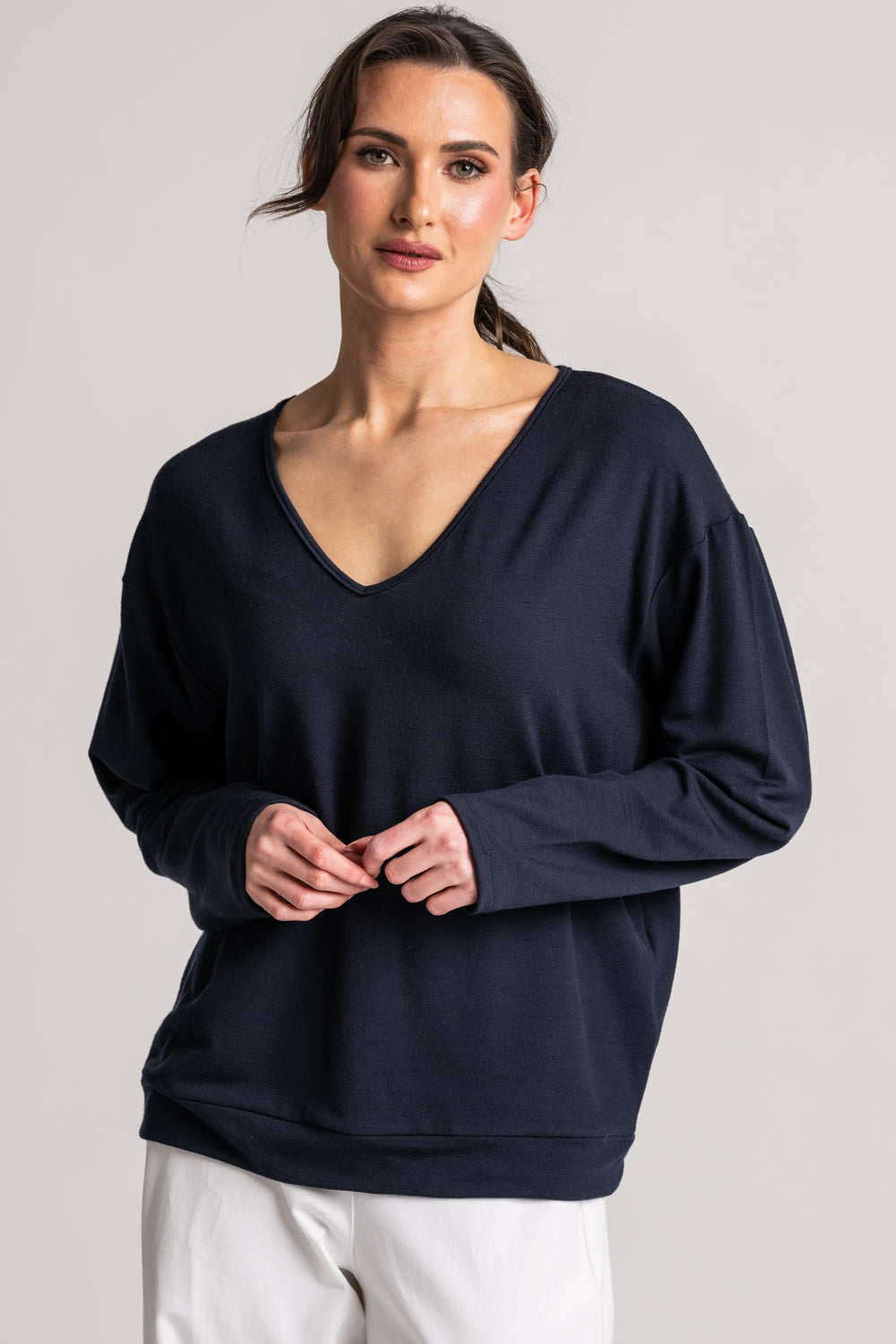 Relaxed V-Neck Top - Navy Merino