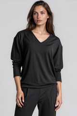 PAULA RYAN Relaxed V-Neck Top - Black Merino