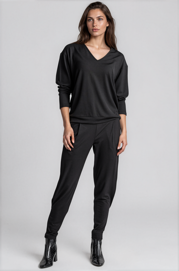 PAULA RYAN Relaxed V-Neck Top - Black Merino