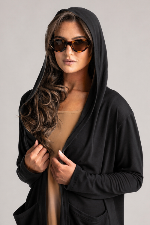 PAULA RYAN Hooded Cardigan with Pockets  - Merino Black - Paula Ryan