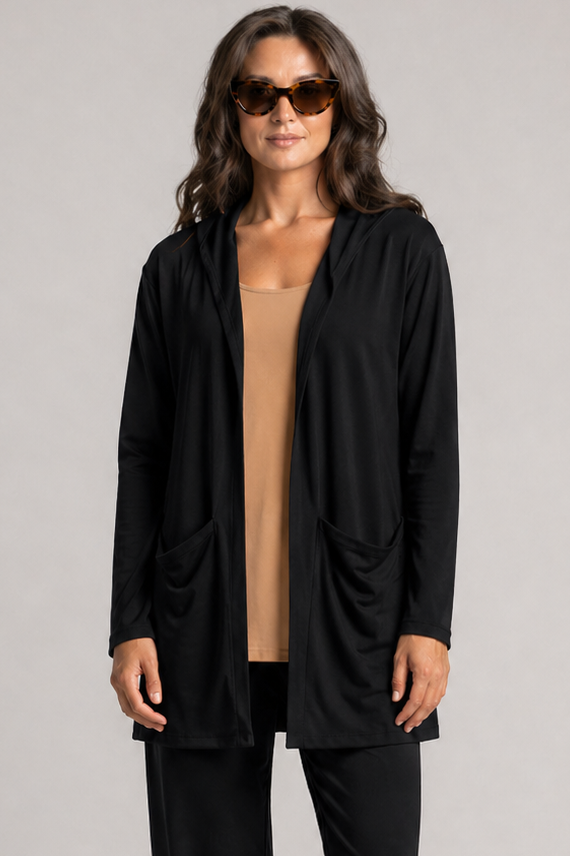 PAULA RYAN Hooded Cardigan with Pockets  - Merino Black - Paula Ryan