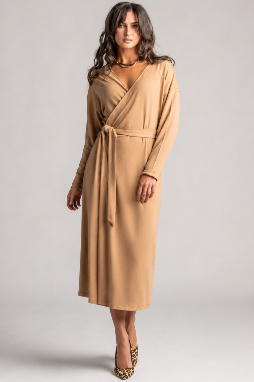 PAULA RYAN Wrap Dress - Camel Merino