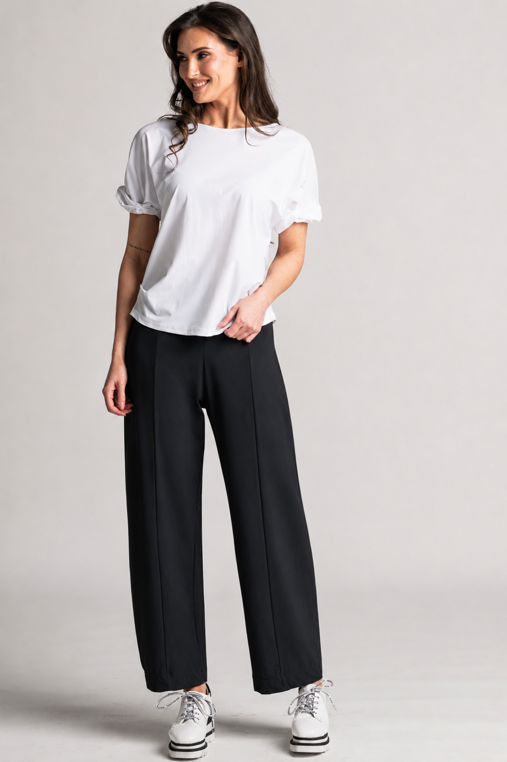 PAULA RYAN Side Zip Barrel Pant - Black Microjersey