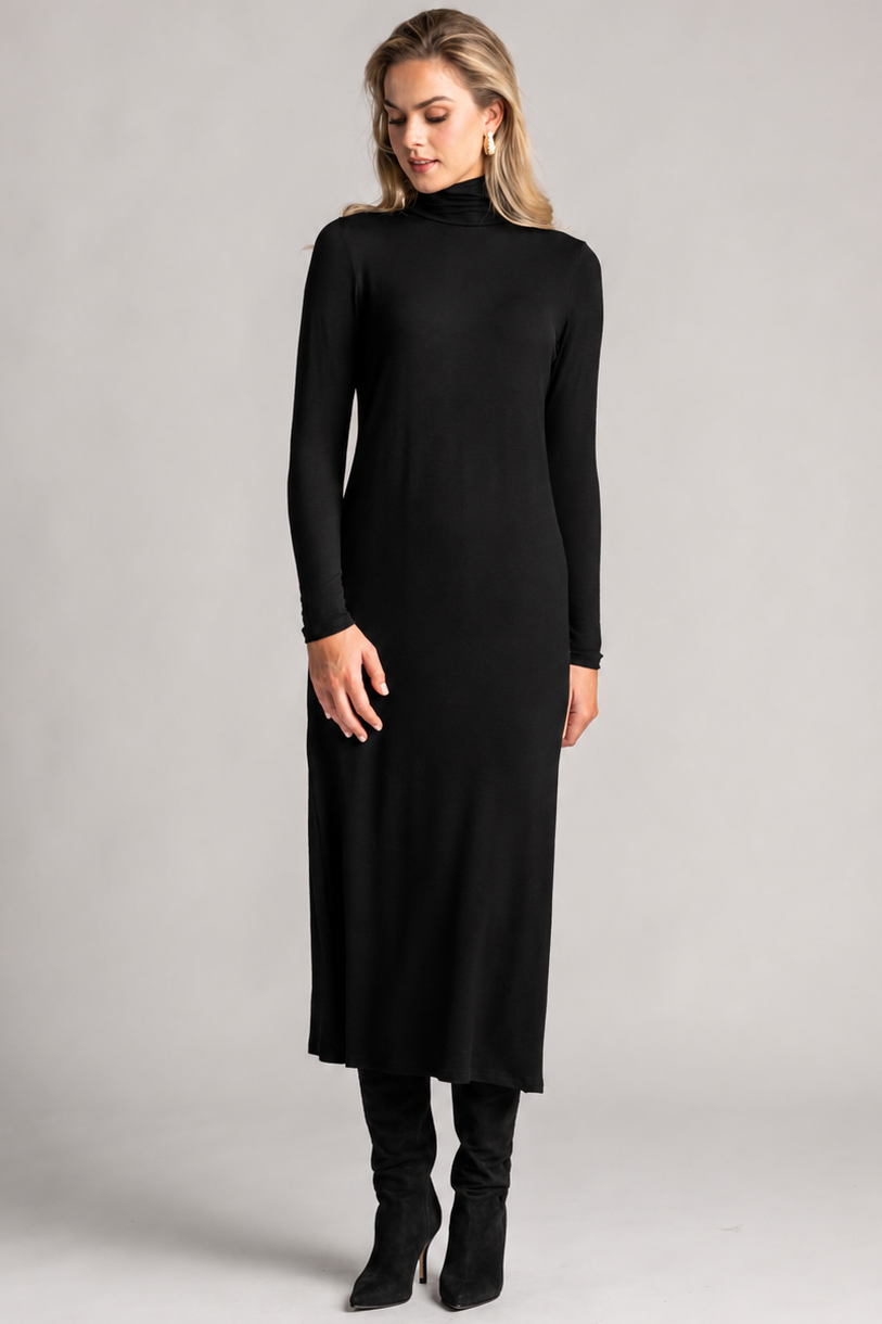 PAULA RYAN Polo Neck Sheath Dress - Black Merino