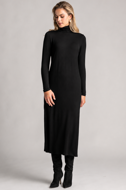 PAULA RYAN Easy Fit Polo Neck Sheath Dress - Black Merino