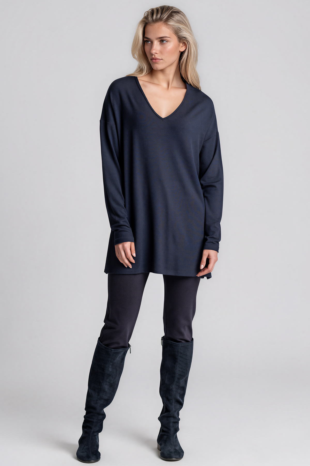 PAULA RYAN Relaxed V-Neck Tunic - Navy Merino