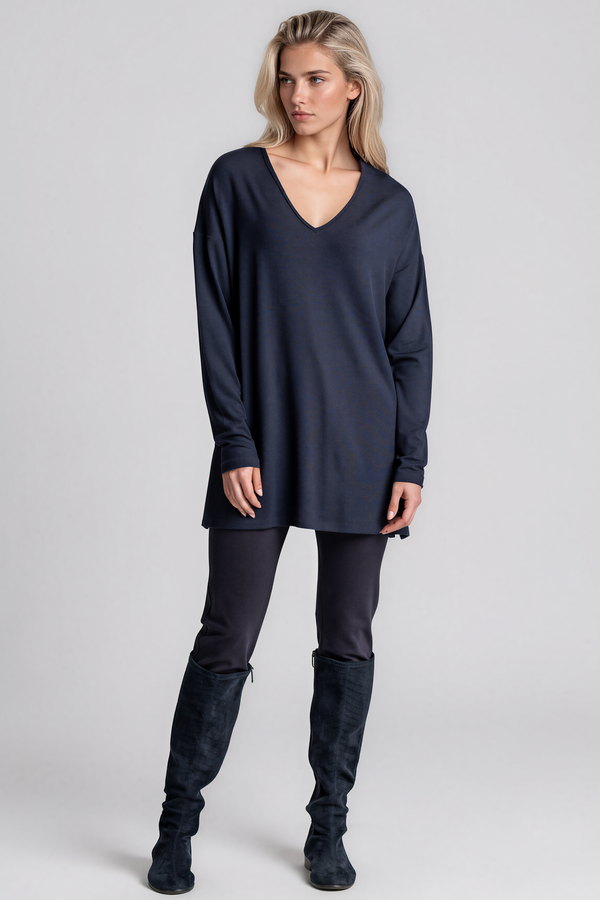 PAULA RYAN Relaxed V-Neck Tunic - Navy Merino