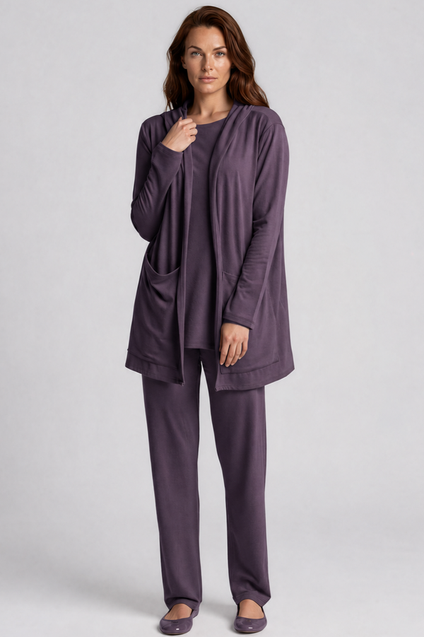 PAULA RYAN Hooded Cardigan with Pockets - Merino Cocoa Plum