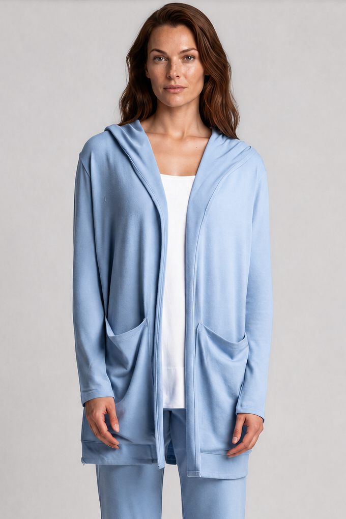 PAULA RYAN Hooded Cardigan with Pockets - Merino Cornflower