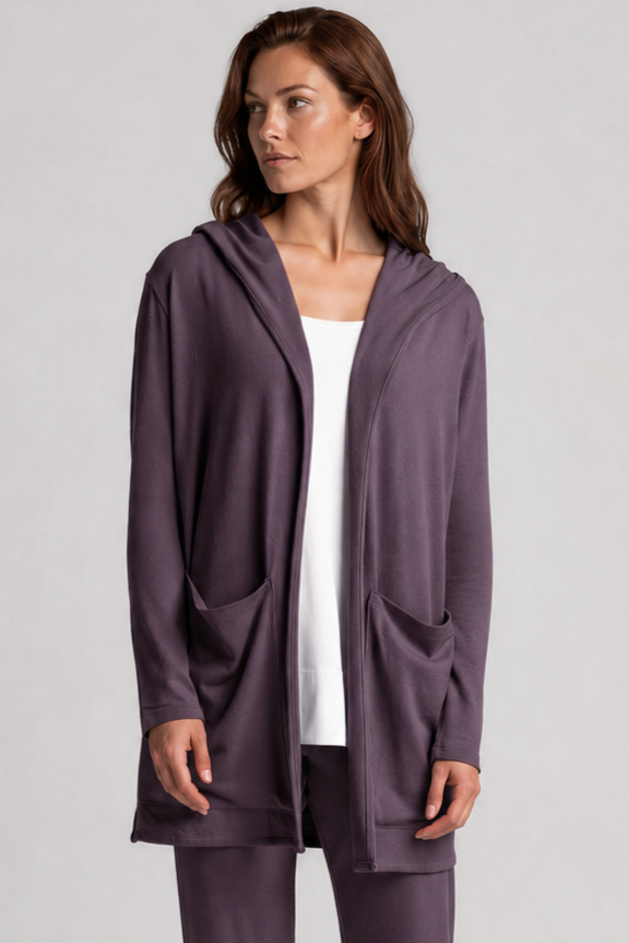 PAULA RYAN Hooded Cardigan with Pockets - Merino Cocoa Plum