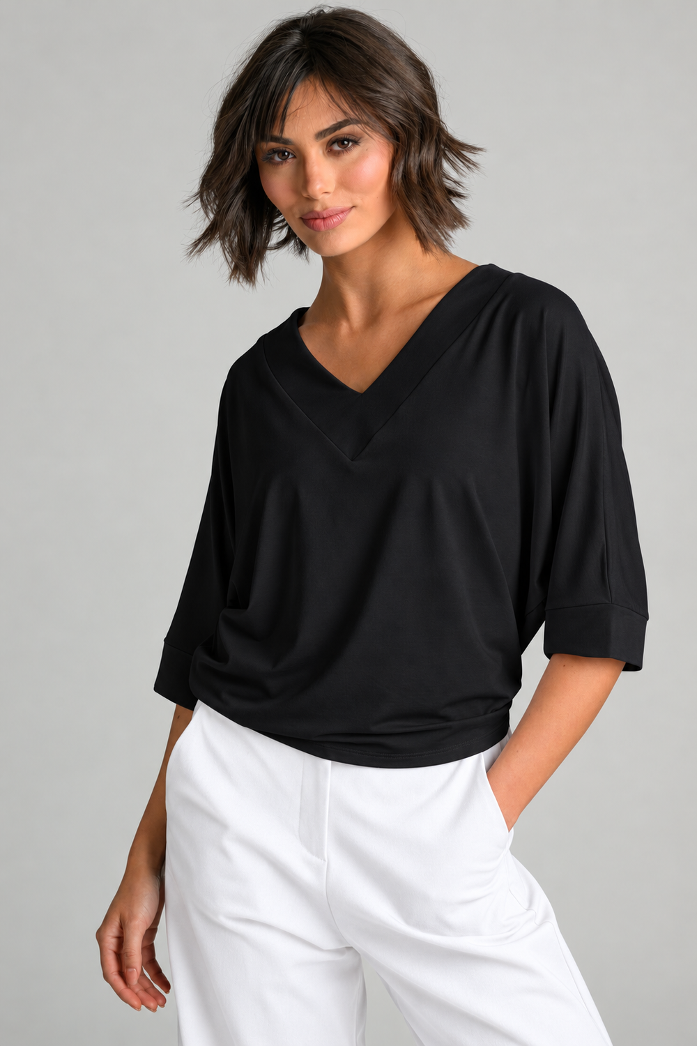 PAULA RYAN V Neck Cloud Top - Black EcoVero