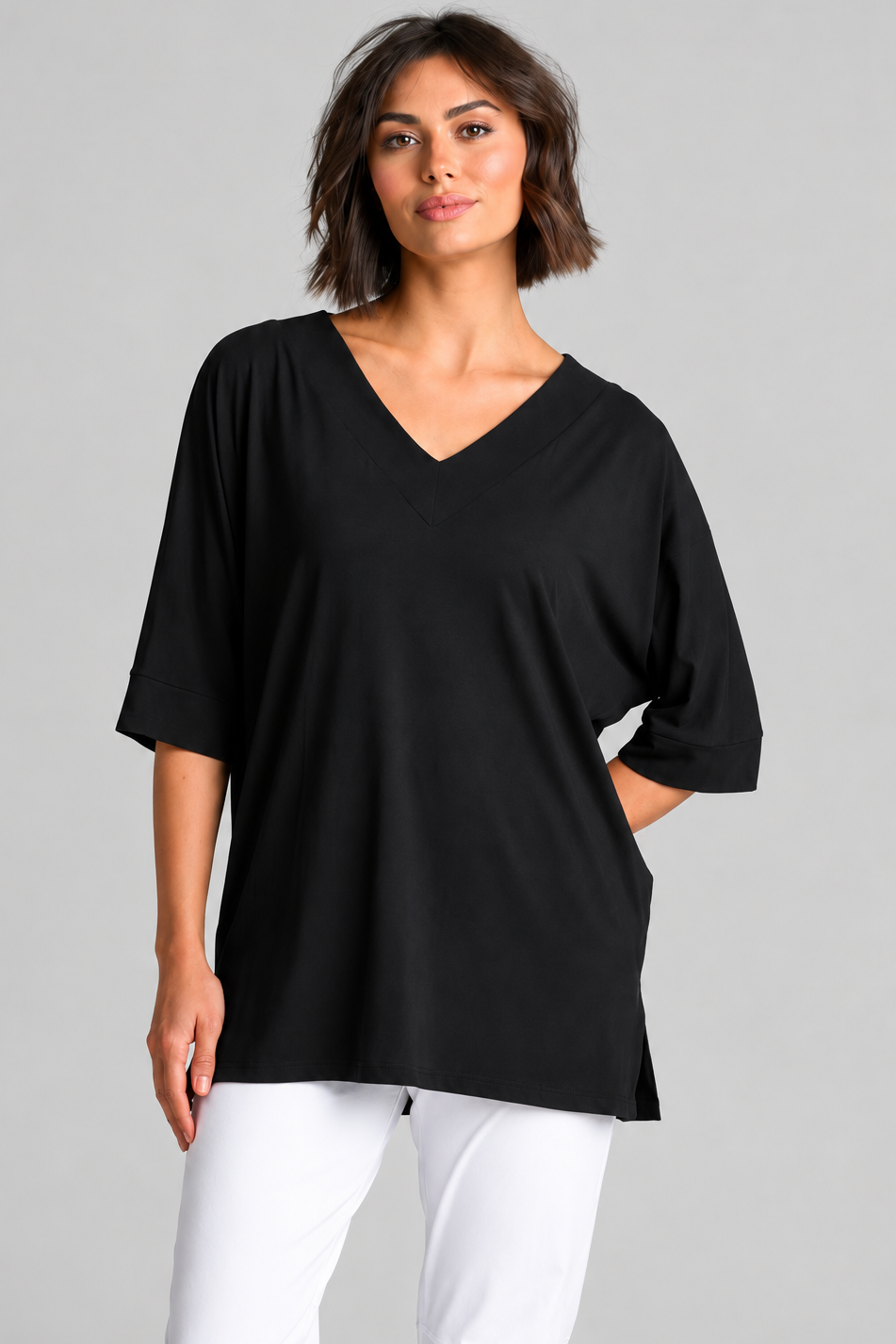 PAULA RYAN Long V Neck Relax Top - Black EcoVero