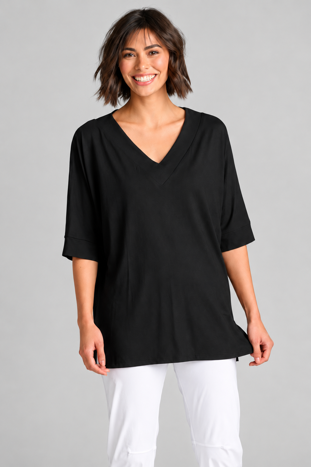 Paula Ryan B1031 Long V Neck Relaxed Top in Black, closer view 4