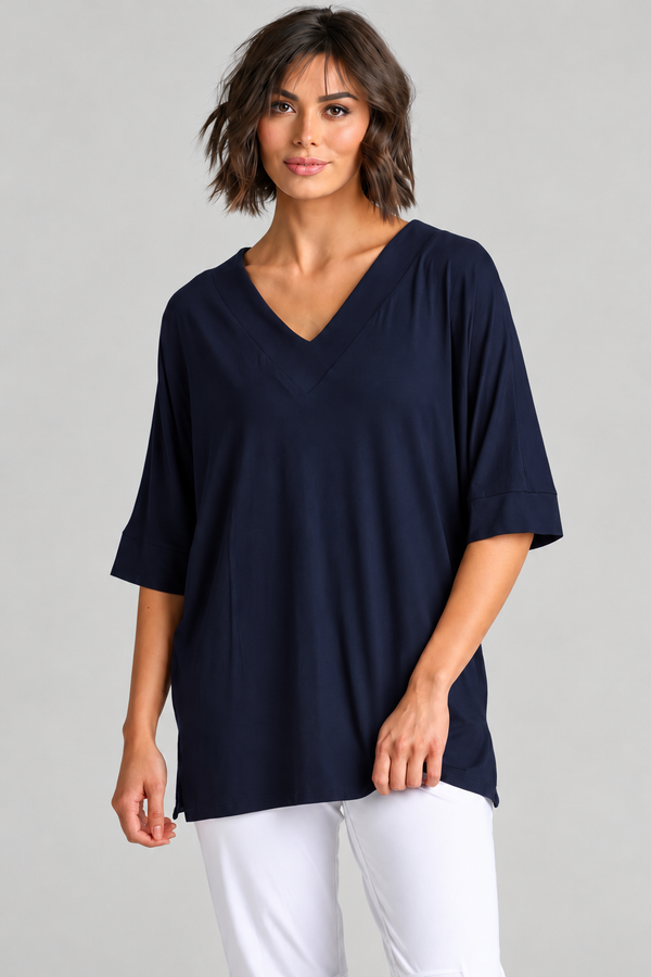 Paula Ryan B1031 Long V Neck Relaxed Top in Navy, closer view 1