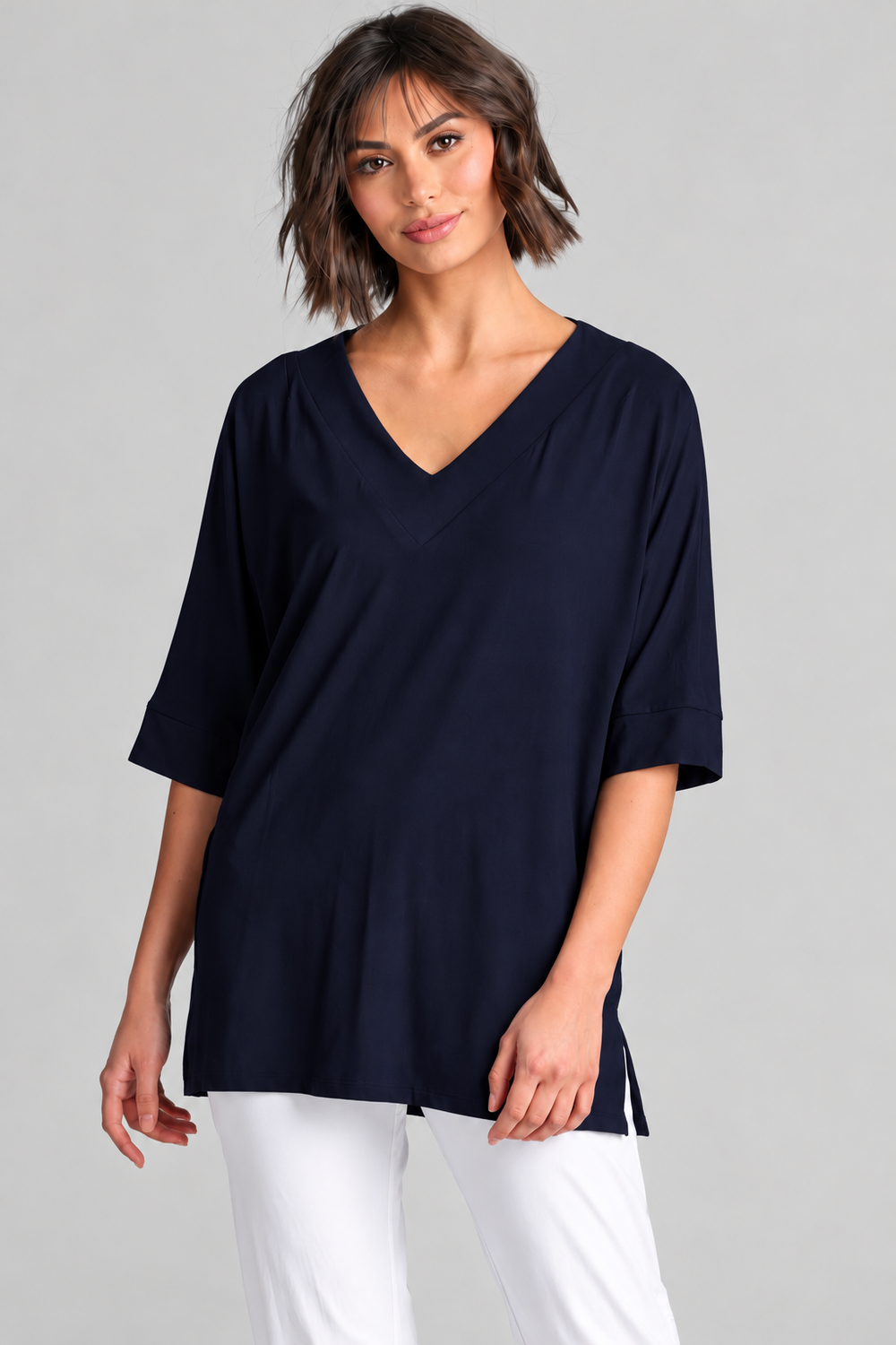 PAULA RYAN Long V Neck Relax Top - Navy EcoVero