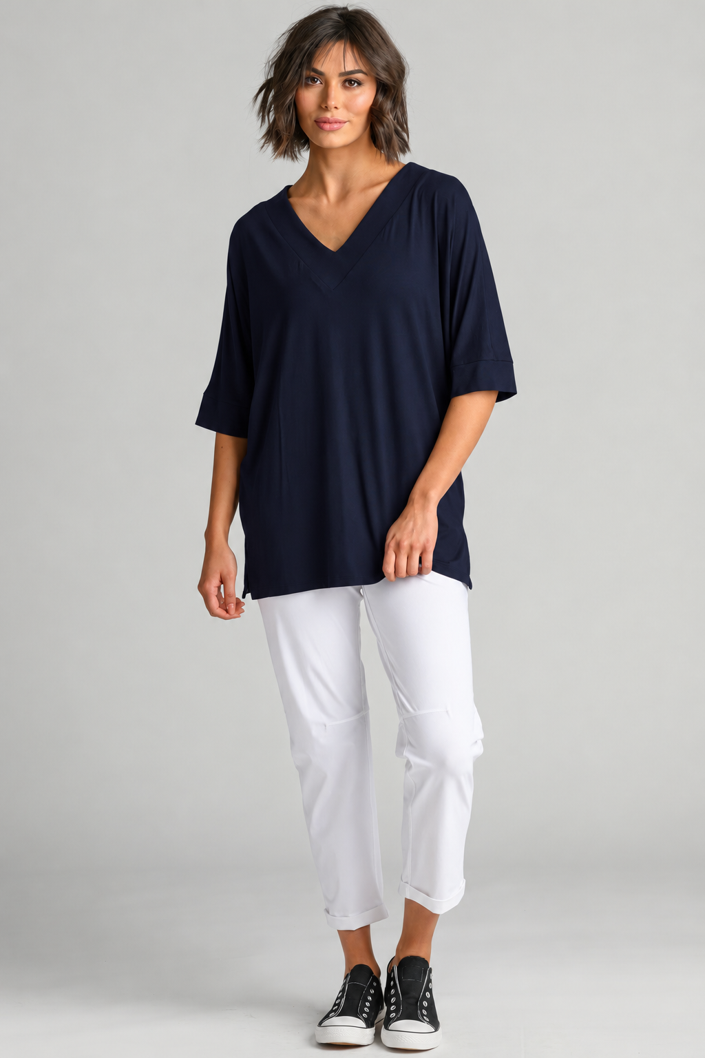 Paula Ryan B1031 Long V Neck Relaxed Top in Navy, full length