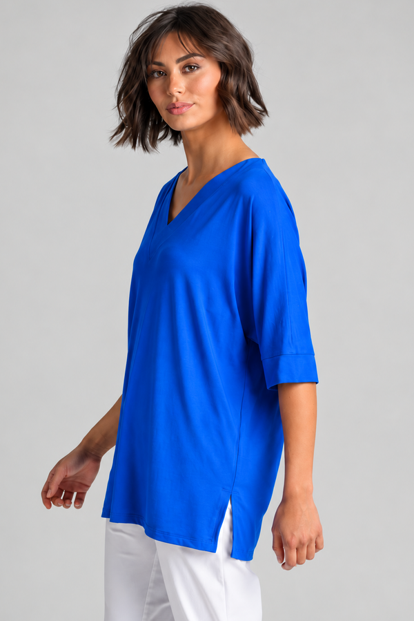 Paula Ryan B1031 Long V Neck Relaxed Top in Santorini, closer view 2