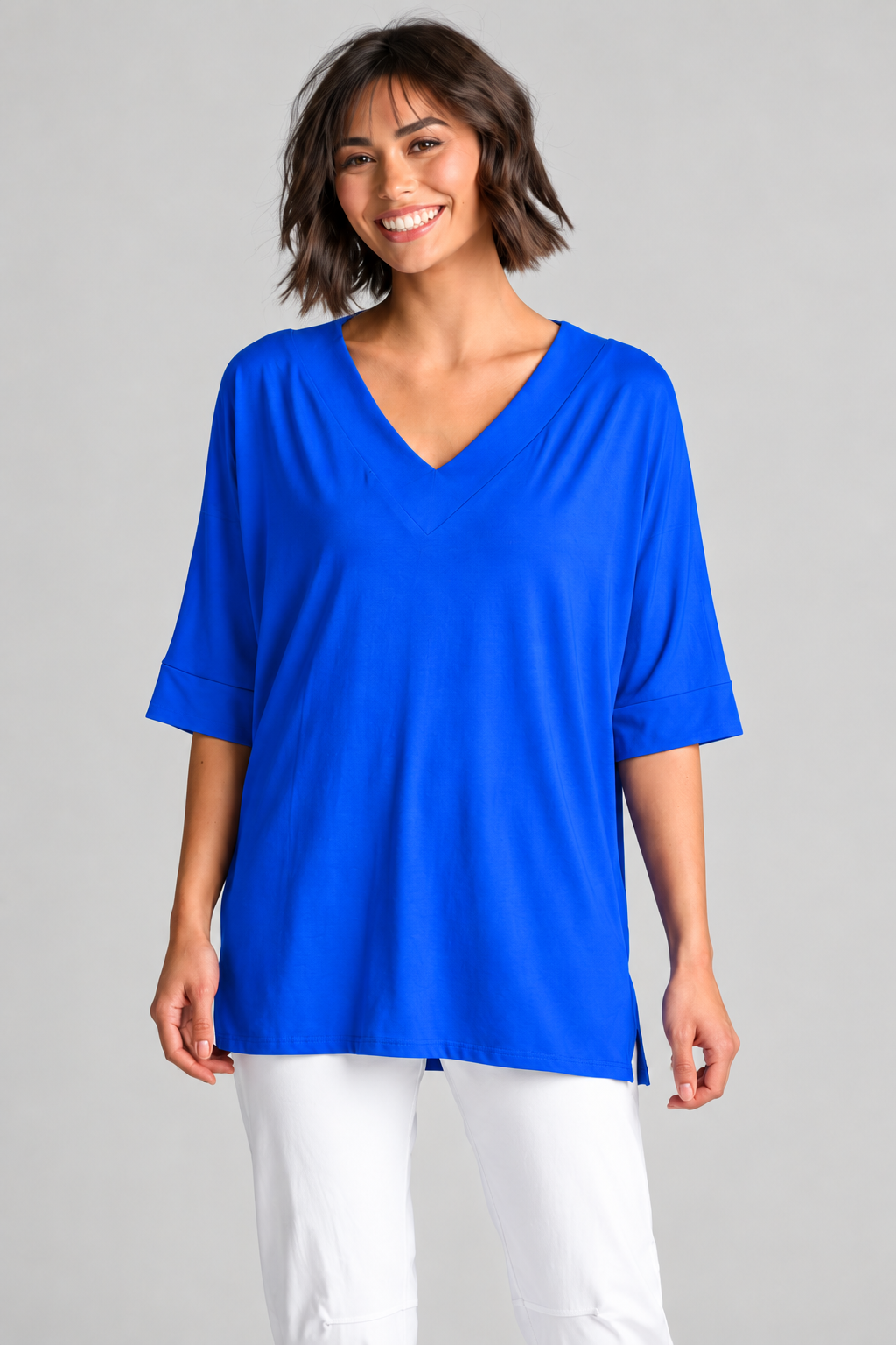 Paula Ryan B1031 Long V Neck Relaxed Top in Santorini, closer view 4