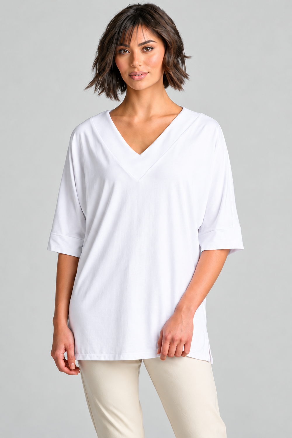 PAULA RYAN Long V Neck Relax Top - White EcoVero