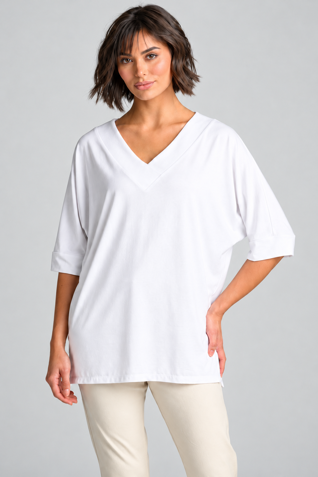 Paula Ryan B1031 Long V Neck Relaxed Top in White, closer view 2