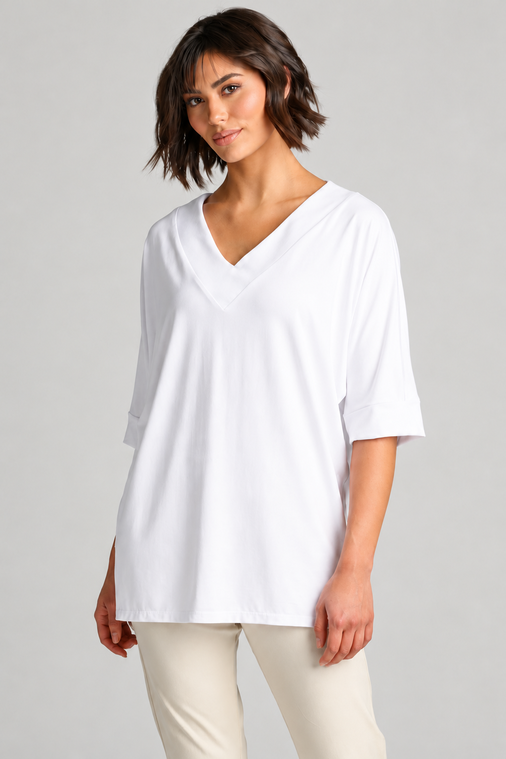 Paula Ryan B1031 Long V Neck Relaxed Top in White, closer view 3