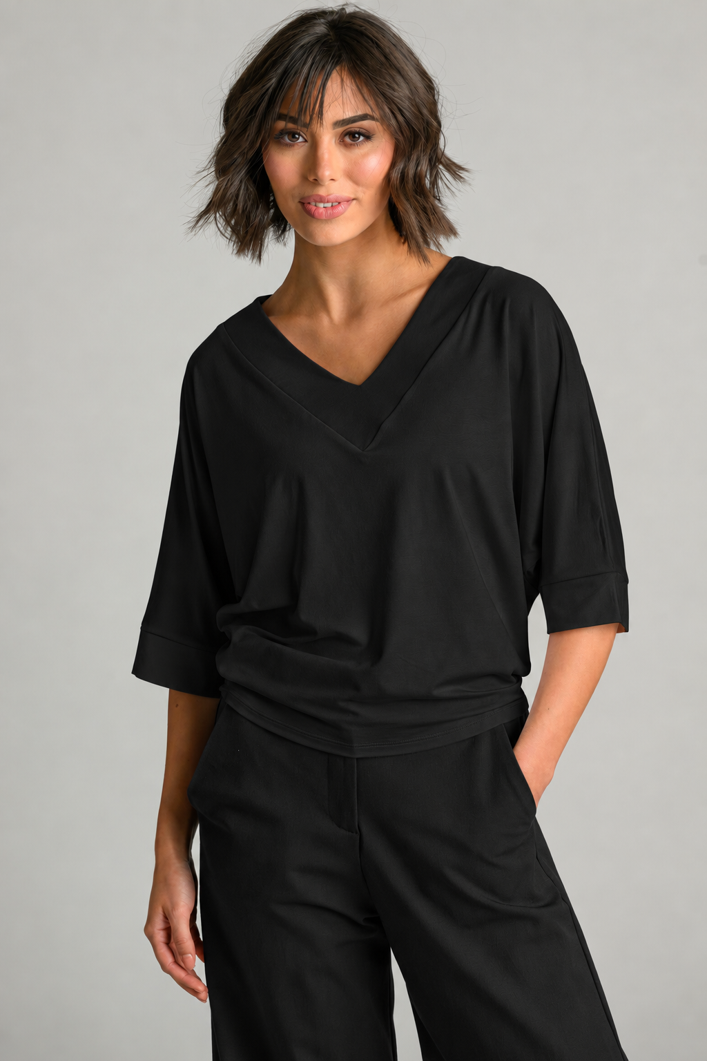 PAULA RYAN V Neck Cloud Top - Black EcoVero
