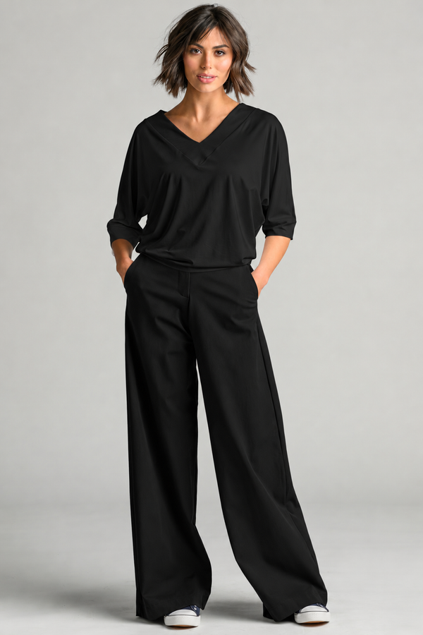 PAULA RYAN V Neck Cloud Top - Black EcoVero
