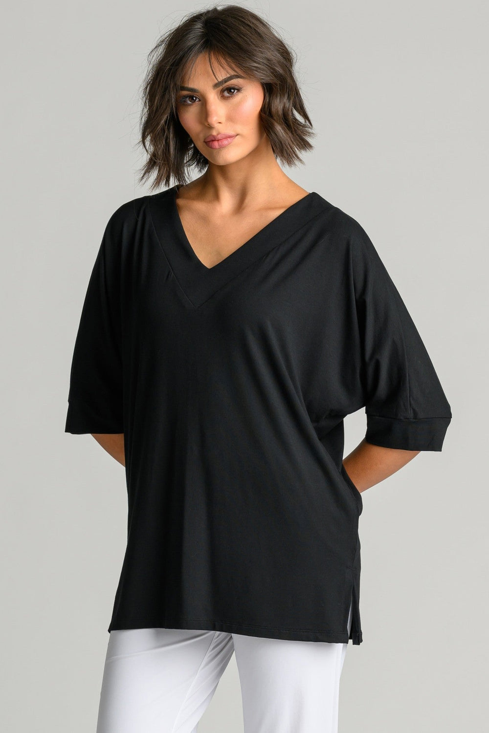 PAULA RYAN Long V Neck Relaxed Top - Black EcoVero