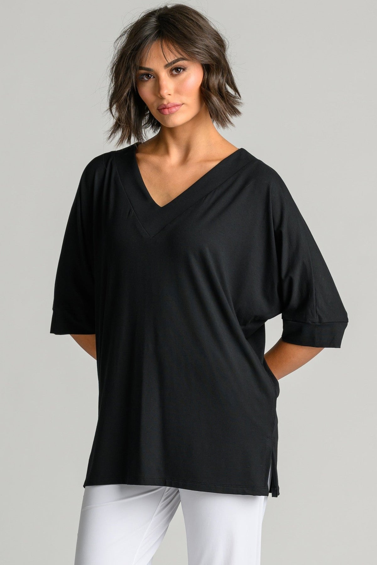 PAULA RYAN Long V Neck Relaxed Top - Black EcoVero