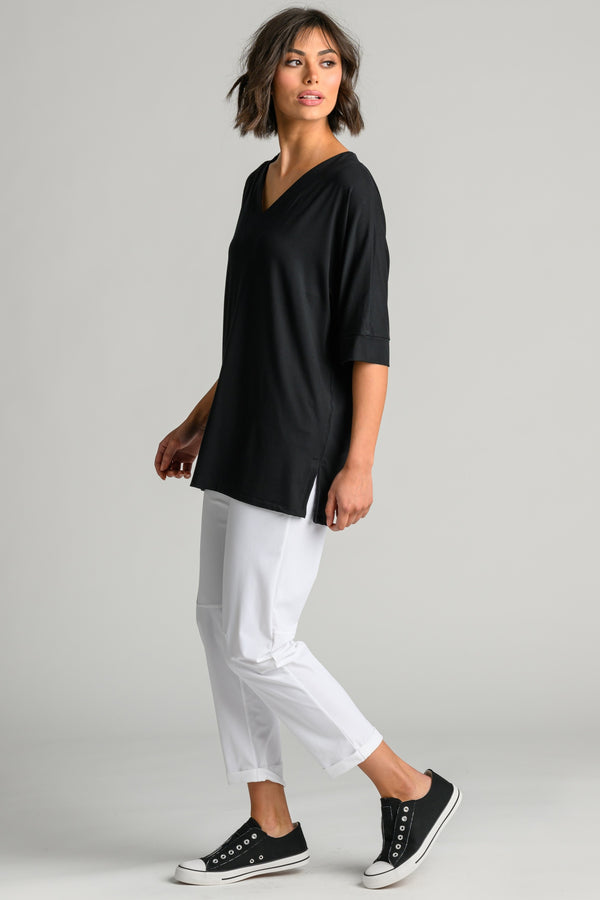 PAULA RYAN Long V Neck Relaxed Top - Black EcoVero