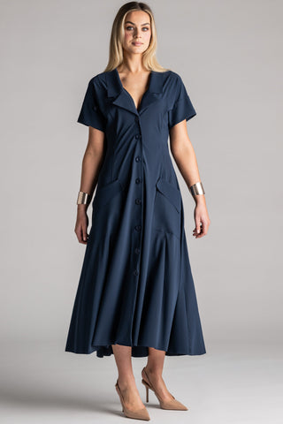 PAULA RYAN Long Cuffed Shirt Dress Microjersey - Shadow Blue