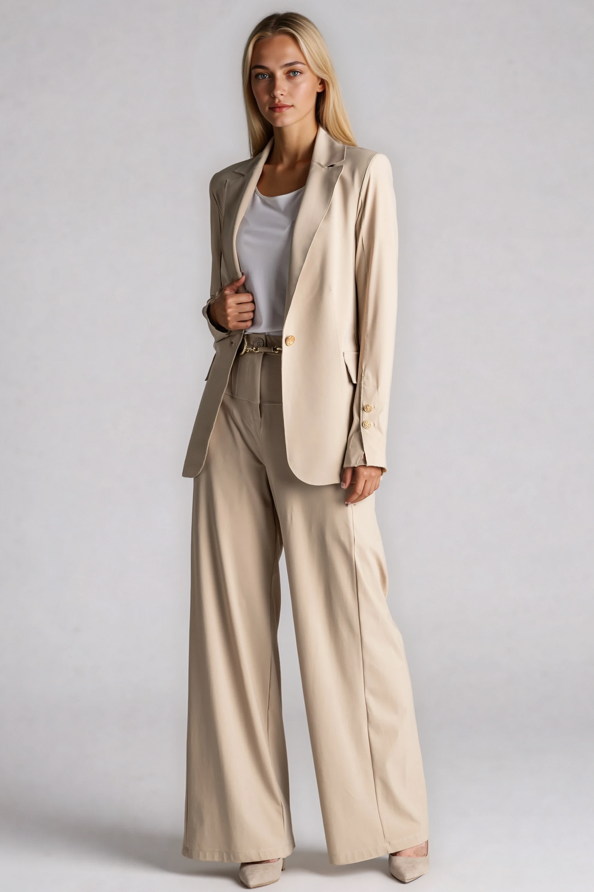 PAULA RYAN Long-line Boyfriend Jacket - Microjersey Warm Sand - Paula Ryan