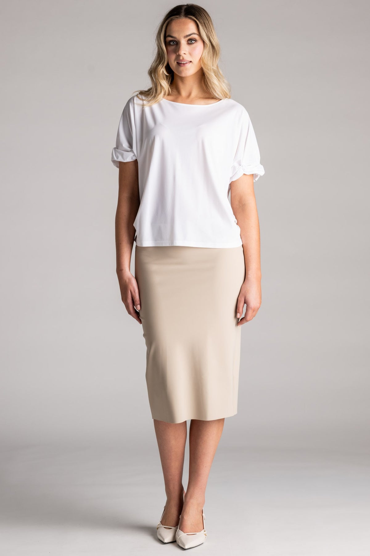 PAULA RYAN Regular Stretch Pencil Skirt Bonded Microjersey - Cool Sand
