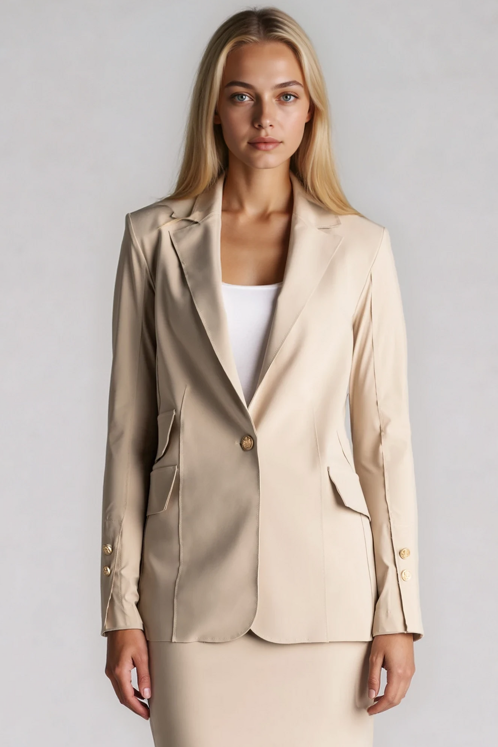 PAULA RYAN Long-line Boyfriend Jacket - Microjersey Warm Sand