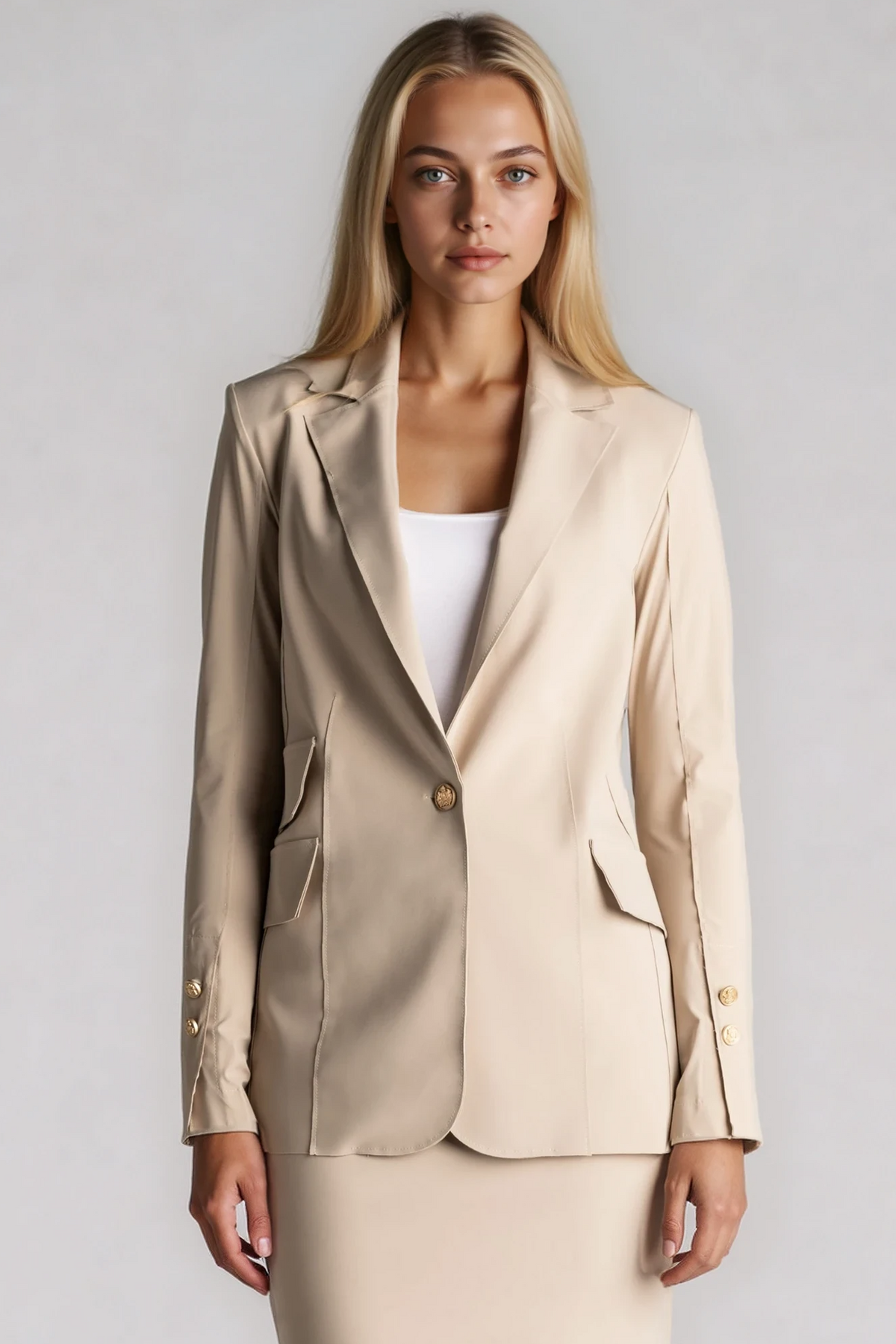PAULA RYAN Long-line Boyfriend Jacket - Microjersey Warm Sand - Paula Ryan