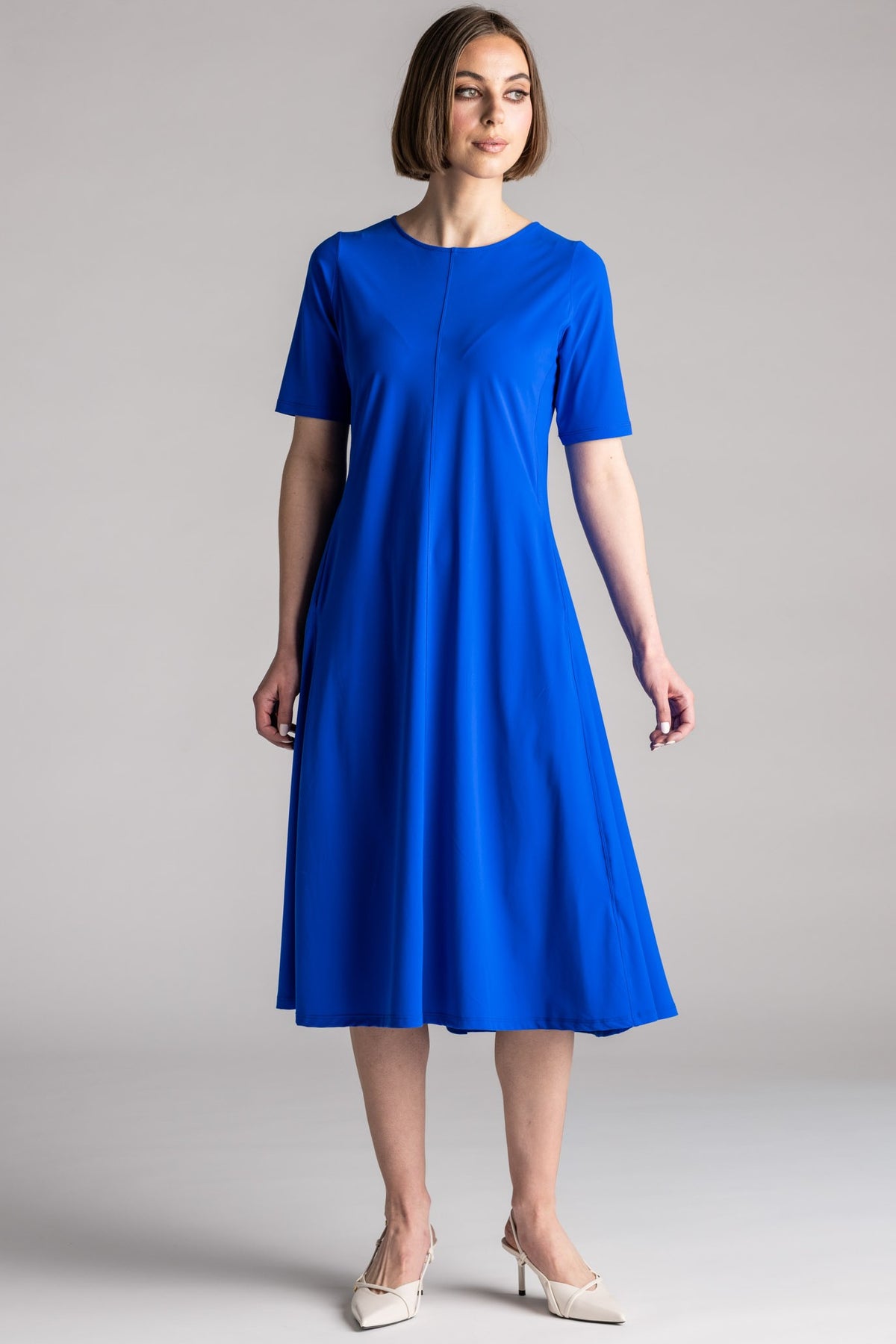 PAULA RYAN Crew Neck Swing Dress Microjersey - Greek Blue
