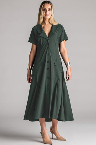 PAULA RYAN Long Cuffed Shirt Dress Microjersey - Khaki