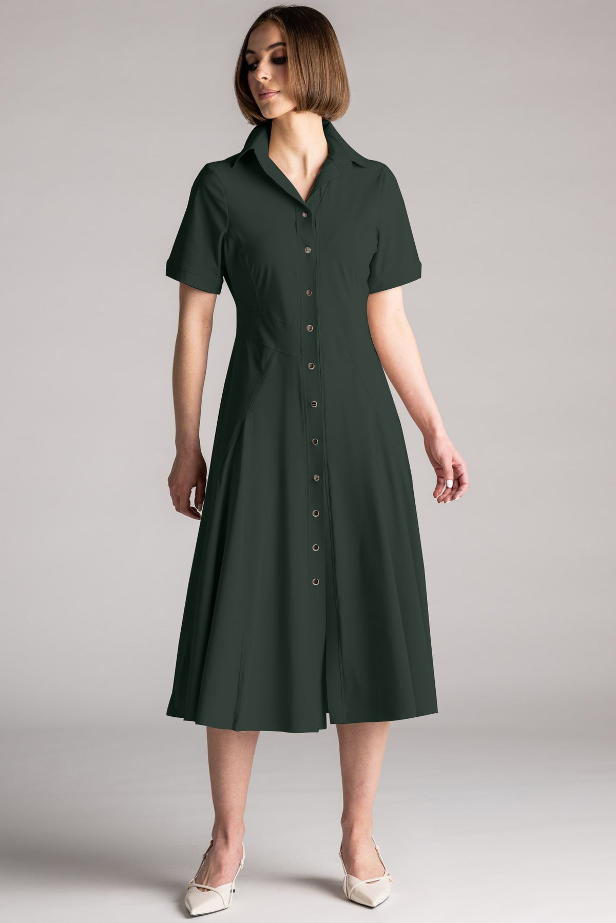 PAULA RYAN Classic Shirt Dress Microjersey - Khaki - Paula Ryan