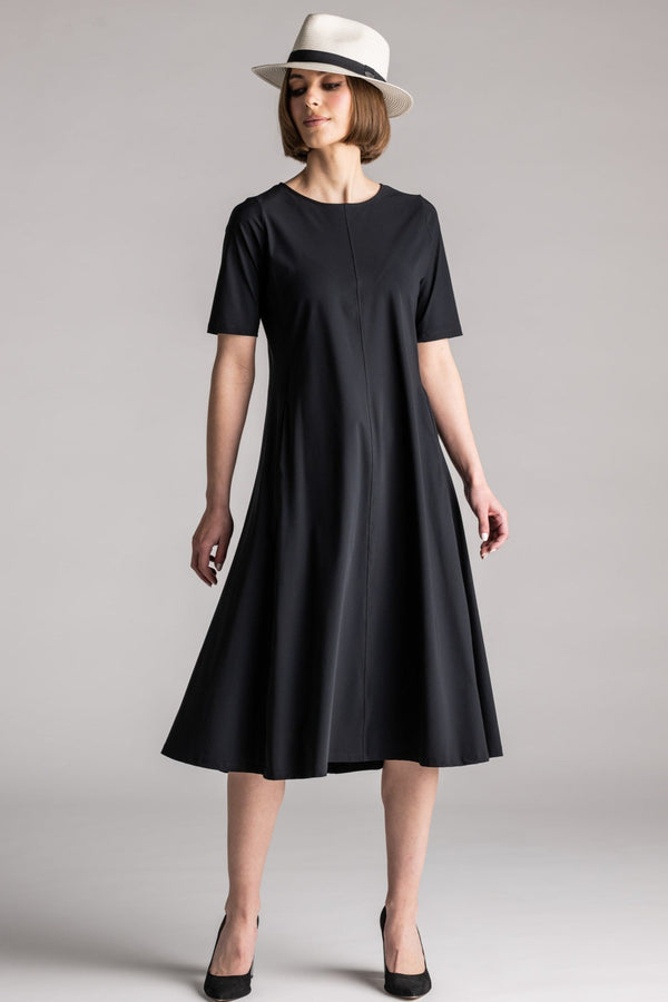 PAULA RYAN Crew Neck Swing Dress Microjersey - Black - Paula Ryan