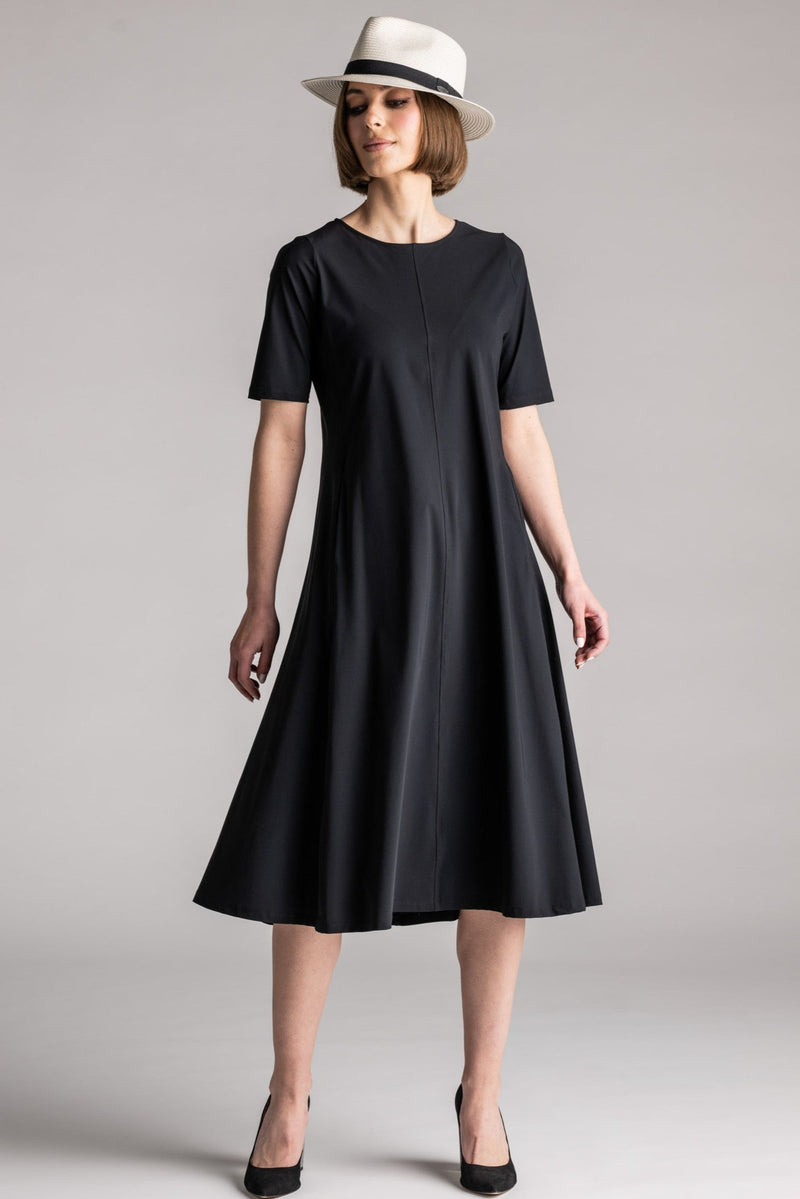 PAULA RYAN Crew Neck Swing Dress Microjersey - Black - Paula Ryan