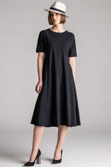 PAULA RYAN Crew Neck Swing Dress Microjersey - Black
