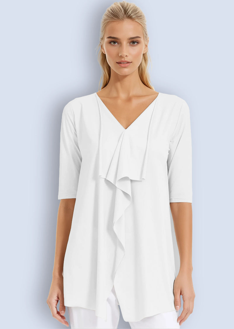 PAULA RYAN Half Sleeve Drape Front Top Superfine Microjersey - White