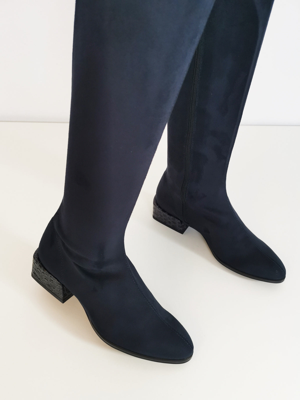 PAULA RYAN Croc Heel Stretch Knee High Boot - Navy - Paula Ryan