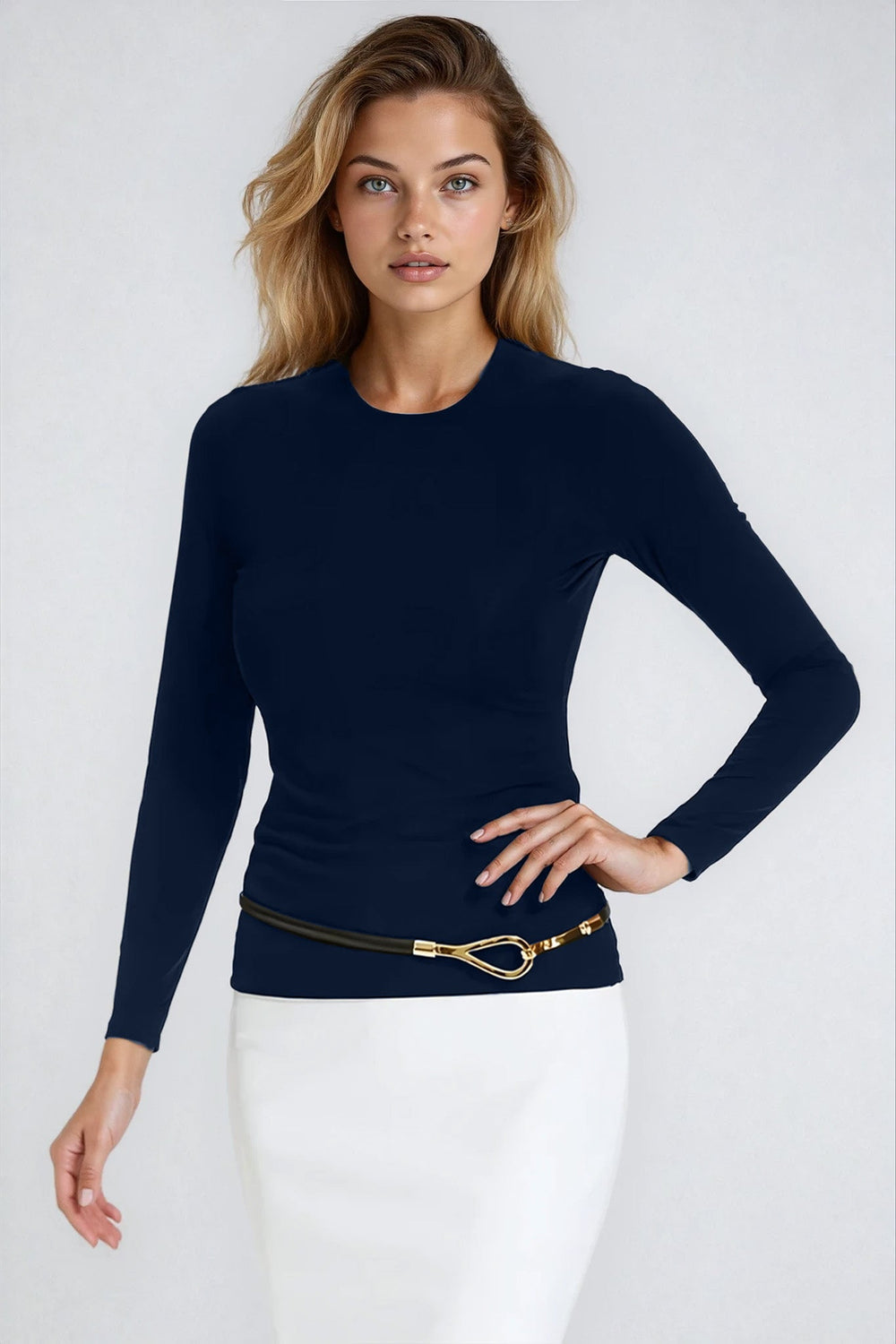 PAULA RYAN Slim Fit Long Sleeve Crew Neck Top - EcoVero Navy