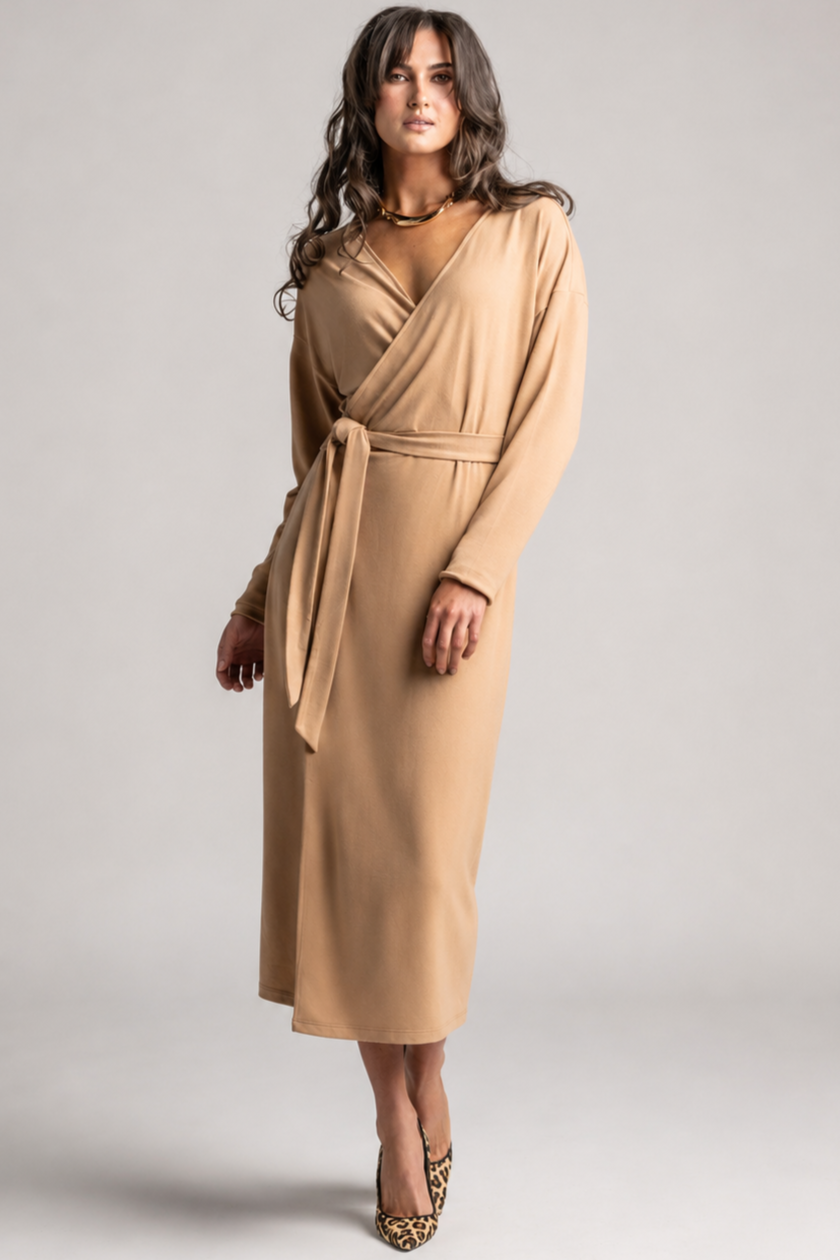 PAULA RYAN Wrap Dress - Camel Merino